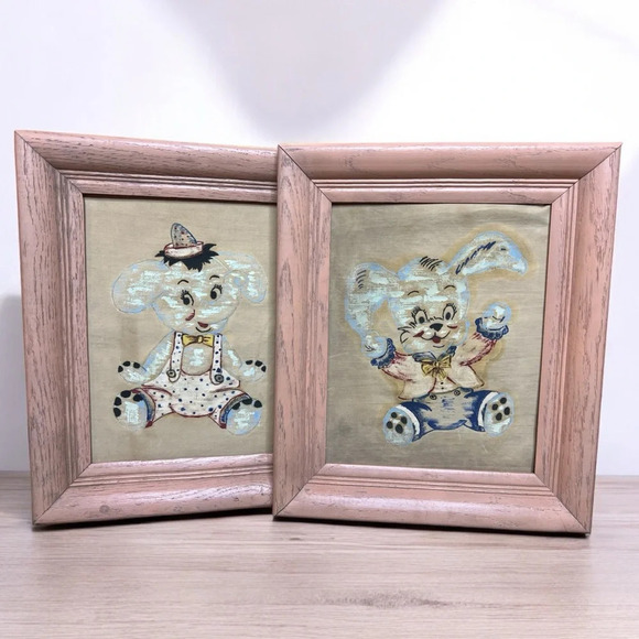 Vintage 50s Children’s Bedroom Decor Painted Framed Canvas Bunnies & Elephants - Picture 1 of 9
